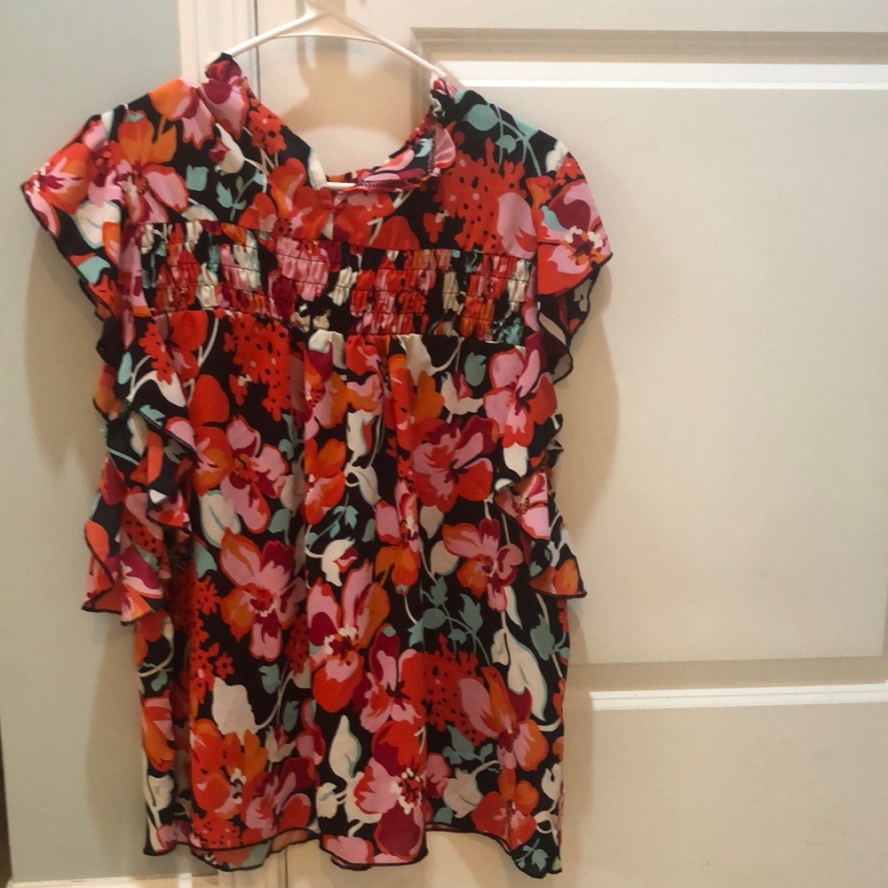 Red and Pink Floral Ruffled Blouse with Cap Sleeves